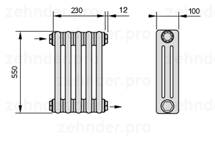 Схема (чертеж) Радиатор Zehnder Charleston 3055/5 №1670 Белый глянцевый RAL 9016